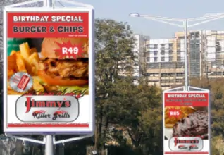 Correx board lamppost advertisement for Jimmy's burger and chips