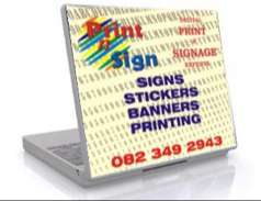 Laptop skin with Print n Sign's details and images on it