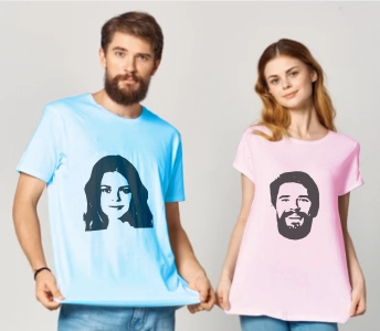 His and Hers heat press vinyl T-shirt prints on pink and blue T-shirts